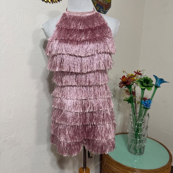 Women Missguided Pink Fringe Halter 1920's Flapper Style Cocktail Party Romper 6 - Picture 3 of 16